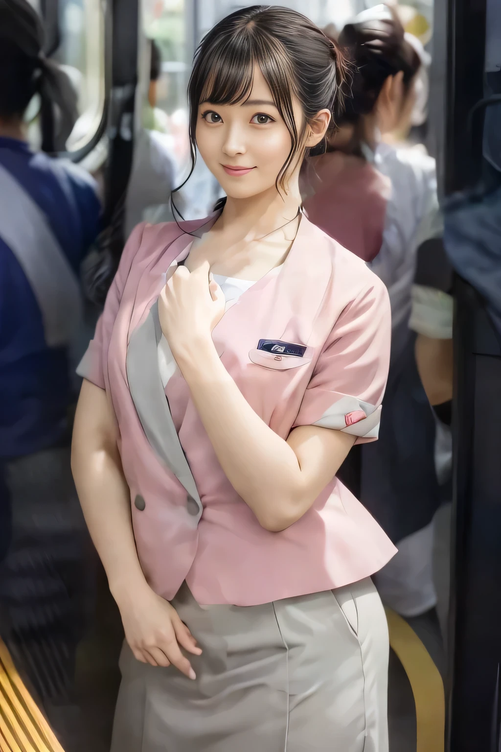 (masterpiece:1.2, Highest quality:1.2), 32K HDR, High resolution, (alone、1 girl)、 (Height: 160cm)、（On the rooftop of a building in the daytime、Professional Lighting）、Building rooftop background、（Nankai train crew uniform pinkを着たリアルスタイル）、（Nankai train crew uniform pink short sleeve collarless pink jacket、Nankai Train Crew Uniform Pink Collarless Short Sleeve Blouse、Nankai Train Crew Uniform Pink Grey Knee-length Culottes）、Dark brown hair、（Hair tied up、Hair tied up、Evening curly hairstyle）、Dark brown hair、Long Shot、Big Breasts、Thin legs、（（Great hands：2.0）），（（Harmonious body proportions：1.5）），（（Normal limbs：2.0）），（（Normal finger：2.0）），（（Delicate eyes：2.0）），（（Normal eyes：2.0））)、smile、（Nankai Train Crew Uniform Pink Grey Knee-length Culottesを見せた美しい歩く姿）、Place your hands around your stomach、Lanyard employee ID card