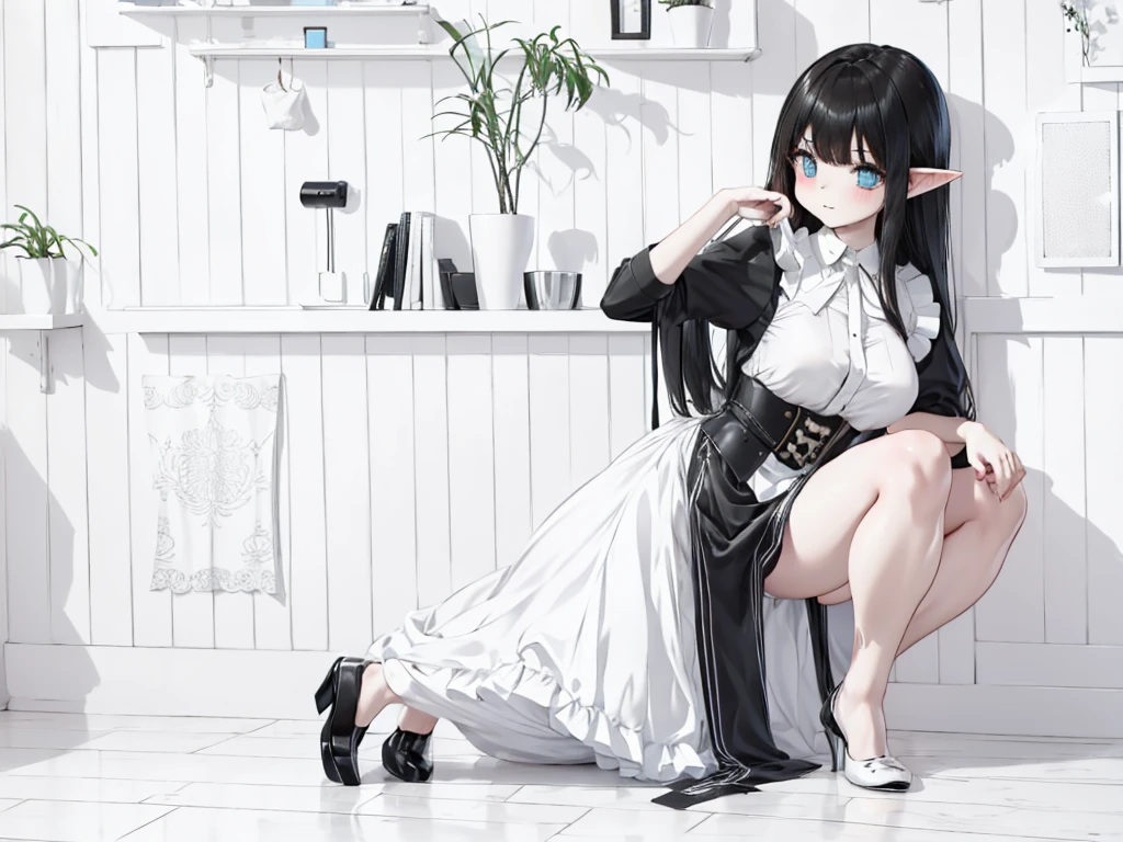 1 Female Elf, Black Hair, Wearing a maid outfit, Look at the details, Fine grain, Seductive look, The background is white, Monochrome (Clear lines, Line art), Full body illustration
