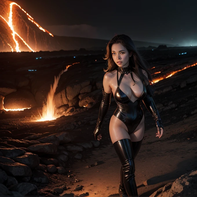 Succubus, walking in a breach, lava on the background