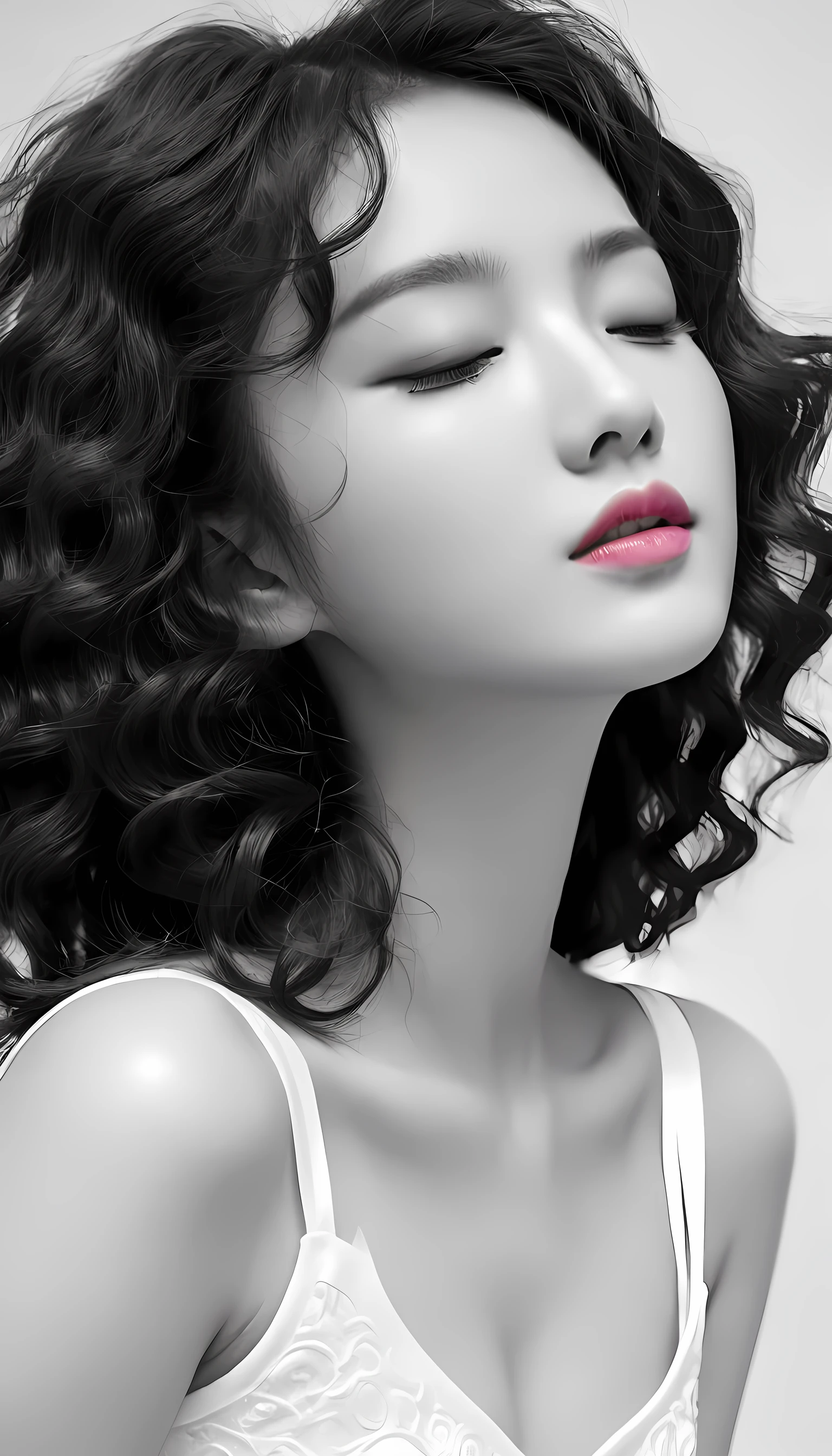 Masterpiece, best quality, realistic details, modern girl, curly hair, closed eyes, thick eyelashes, pink lips, upper body, ink wash style, traditional chinese ink painting,black and white ink painting