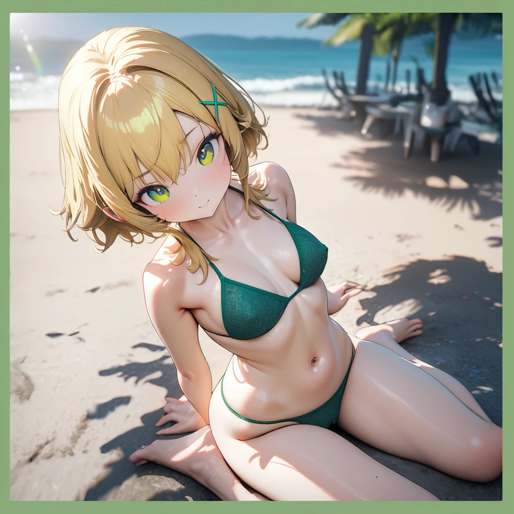 (finely detail:1.4), 1girl, cute face, (short stature), (slender), narrow waist, yellow blonde hair, short hair,  short hair with short locks, side locks, X hairpin, (green  eyes),  wariza, medium breasts, border pattern,(green border bikini) ,  cameltoe,  covered erectile nipples,  (8K, ultra high res, masterpiece, best quality:1.3)(sunny place outdoors:1.4),  