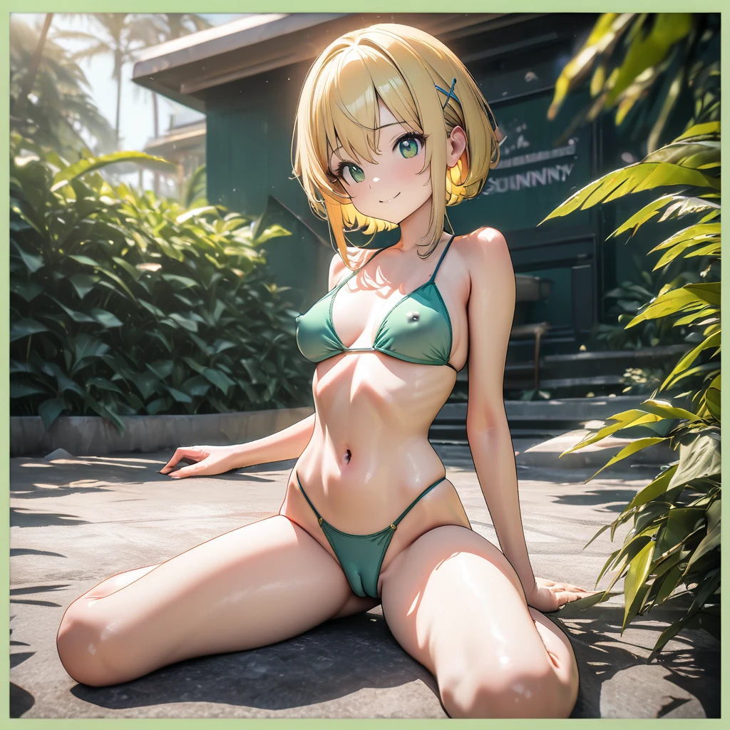 (finely detail:1.4), 1girl, cute face, (short stature), (slender), narrow waist, yellow blonde hair, short hair, short hair with short locks, side locks, X hairpin, (green eyes), wariza, medium breasts, border pattern,(green border bikini) , cameltoe, covered erectile nipples, (8K, ultra high res, masterpiece, best quality:1.3)(sunny place outdoors:1.4),
