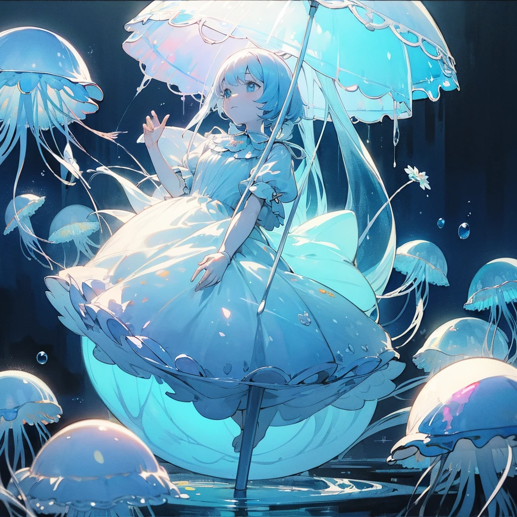 ((watercolor (medium))), (no human:2.0), white background, fairy, y short sleeves, fantasy, flower, sketch, monochrome, clock tower, masterpiece:1.8, highest quality , super fine illustration,best shadow,
professional lighting,reflected light,Super beautiful, soft light,trace of light,((blue tones:1.3)), floor, Underwater,(see-through ), coral, Big jellyfish, Sparkling,Fluffy, fantastic,soap bubbles,Bubble,Lots of jellyfish,