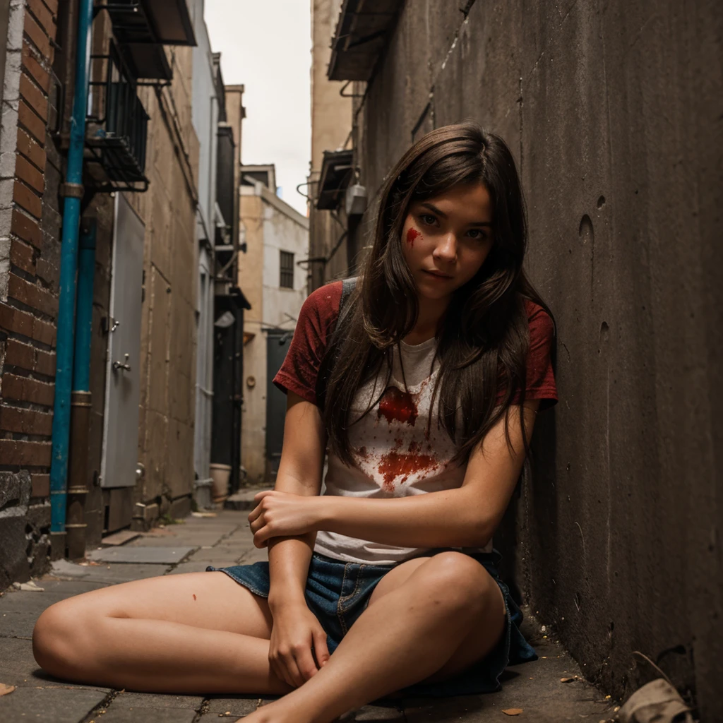 A girl in an alley, She is sitting on the floor and has a bloody face.