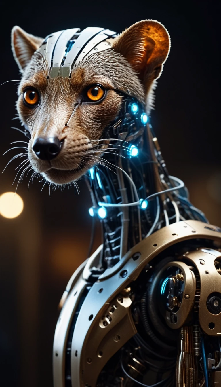 Translucent movie stills (Mongoose as a cybernetic robot:1.5), (Glowing Veins:1.3) (The cable enters the body, circuit:1.3), Very detailed, Vignette, Very detailed, High budget, Bokeh, Sulky, amazing, nice, Film Grain, granular