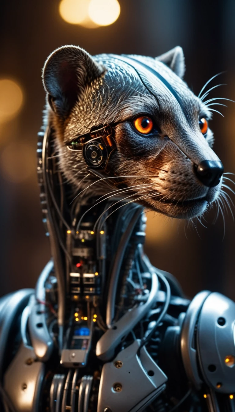 Translucent movie stills (Mongoose as a cybernetic robot:1.5), (Glowing Veins:1.3) (The cable enters the body, circuit:1.3), Very detailed, Vignette, Very detailed, High budget, Bokeh, Sulky, amazing, nice, Film Grain, granular