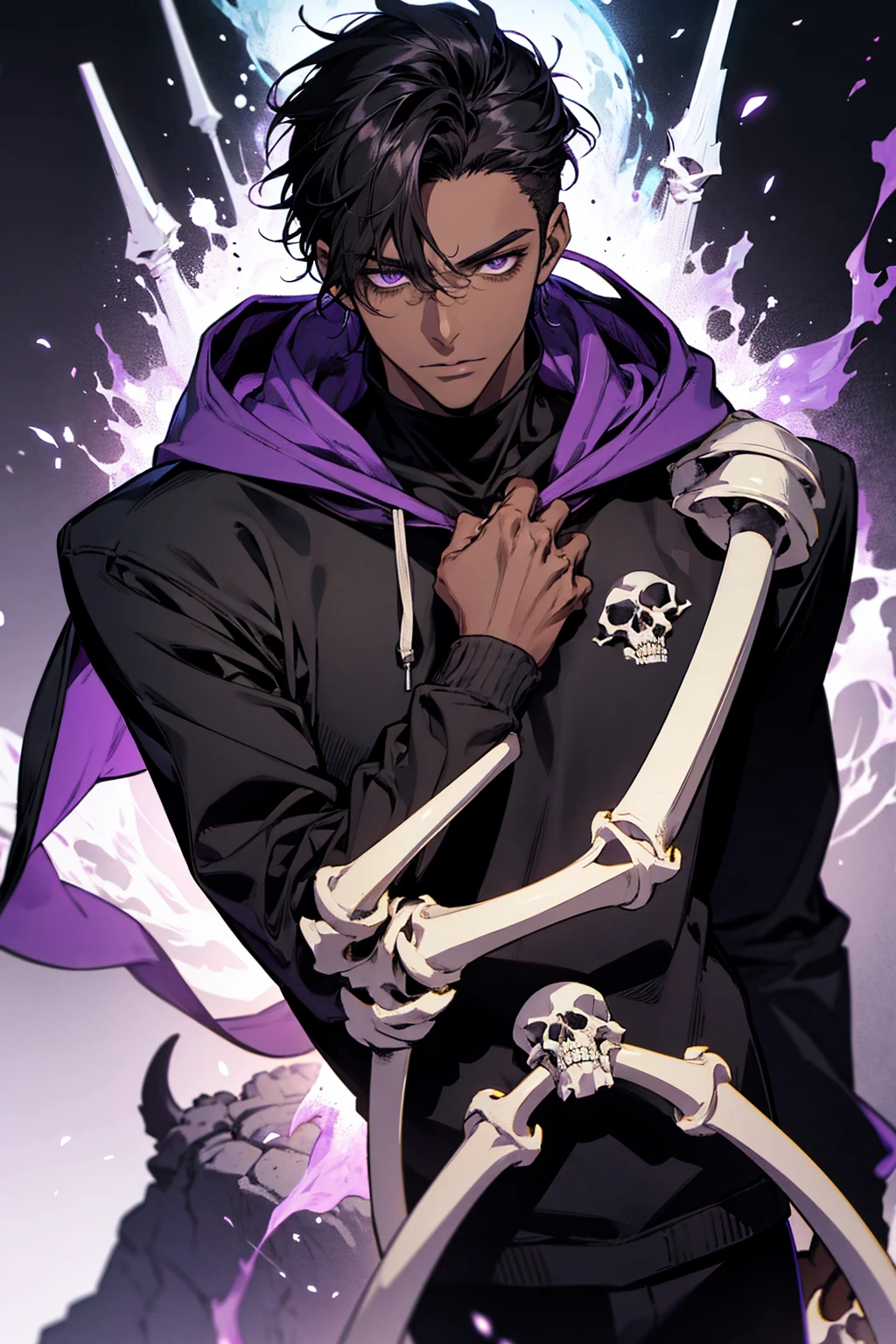 male with bones, looking away from camera, skulls, bones, handsome, black, dark skin, tall, broad shoulders, black hair, purple, purple fire, magic, detailed face, fantasy, hoodie