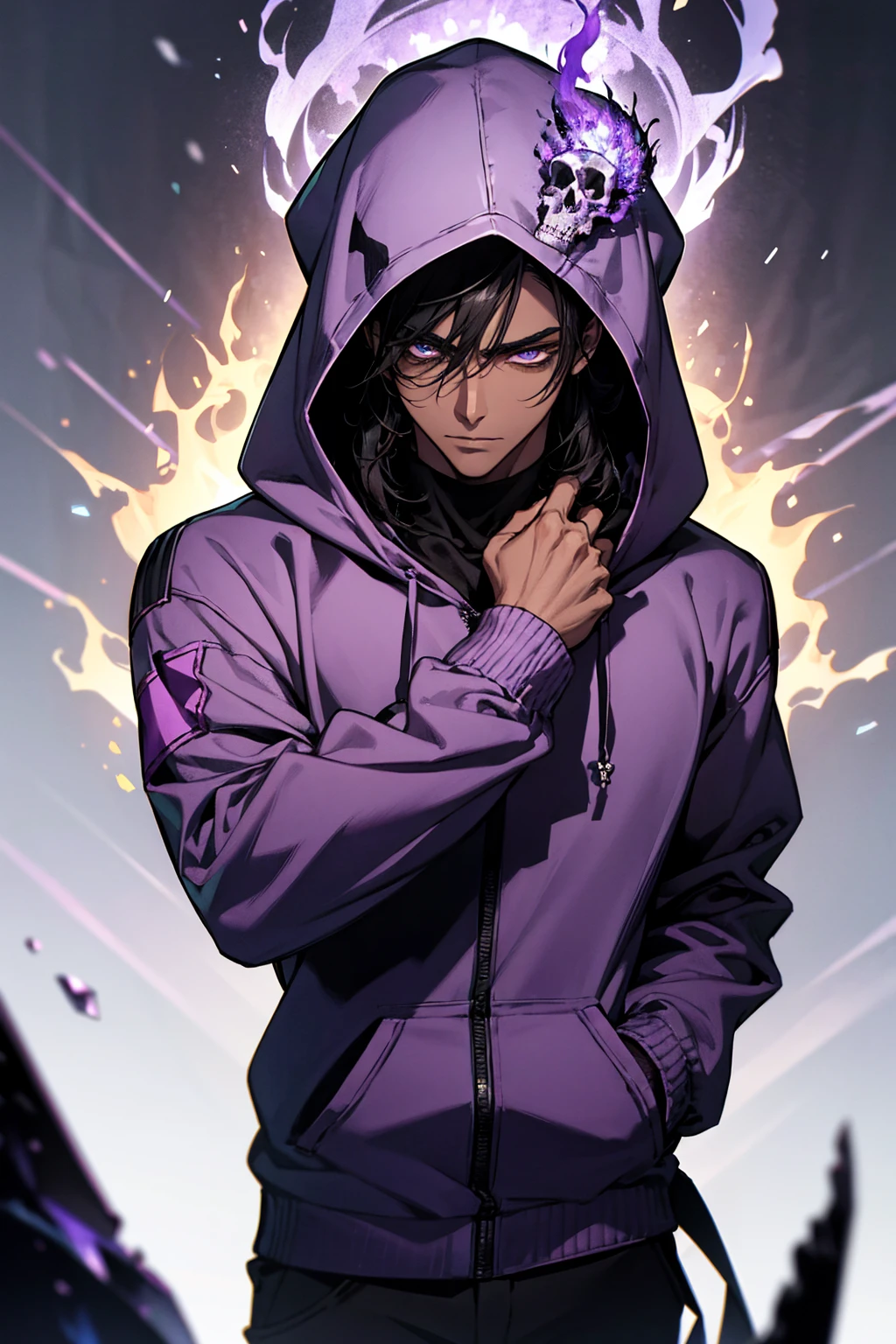 male with bones, looking away from camera, skulls, bones, handsome, black, dark skin, tall, broad shoulders, black hair, purple, purple fire, magic, detailed face, fantasy, hoodie