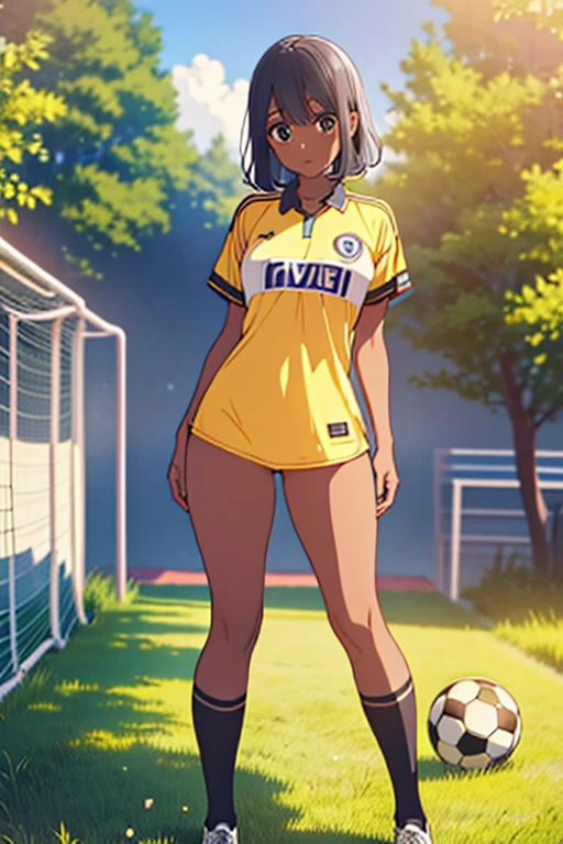 masterpiece, best quality, dark skin, short hair, yellow eyes, black hair, beautiful girl, thin, full body, plan boobs, short , small , short chest, big butt, wide thigh, soccer jersey kit, playing soccer