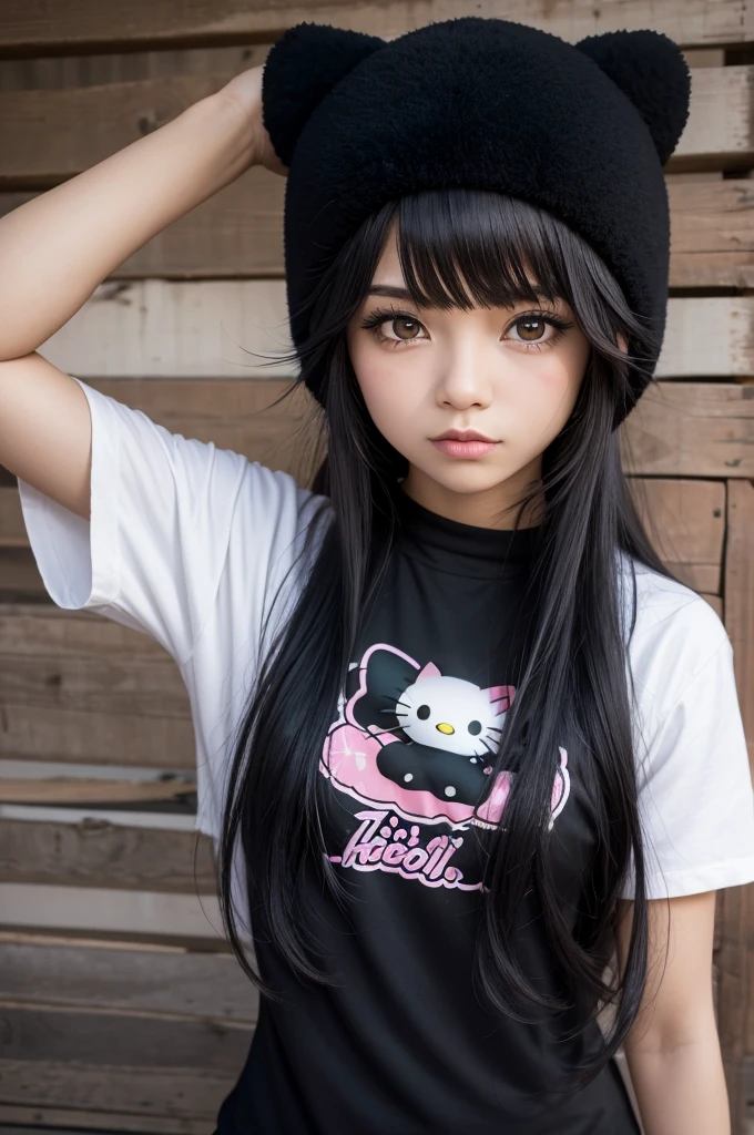Garota anime , Ushanka Da cruz negra, camisa da hello kitty preto, cabelo preto grunge Wolfcute, olhos Chibi macios preto , fone de ouvido, Black arm warmers 