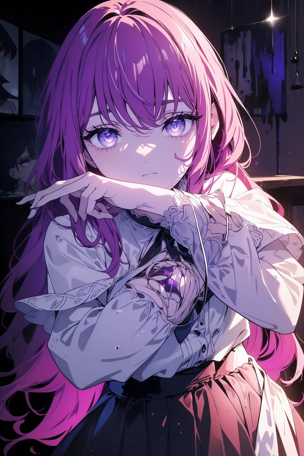 (Obra maestra, La mejor calidad, ultrahigh resolution), 1girl, standing, creative studio background, white blouse with paint splatters, colorful skirt, ((violet, violet hair:0.7), long wavy hair, fair skin, ((violet eyes)), glowing_eyes, neon eyes, (ultra detailed eyes, beautiful and detailed face, detailed eyes), ((centered)), cheerful expression, ((wide shot)), facing viewer, eye level, (blurry background, artistic studio, indoors), slender build, looking at viewer, ((bright eyes)), ((perfect hands)), (((head, arms, hips, elbows, in view))), ((holding a paintbrush)), energetic posture, beautiful lighting, defined subject, 25 years old,