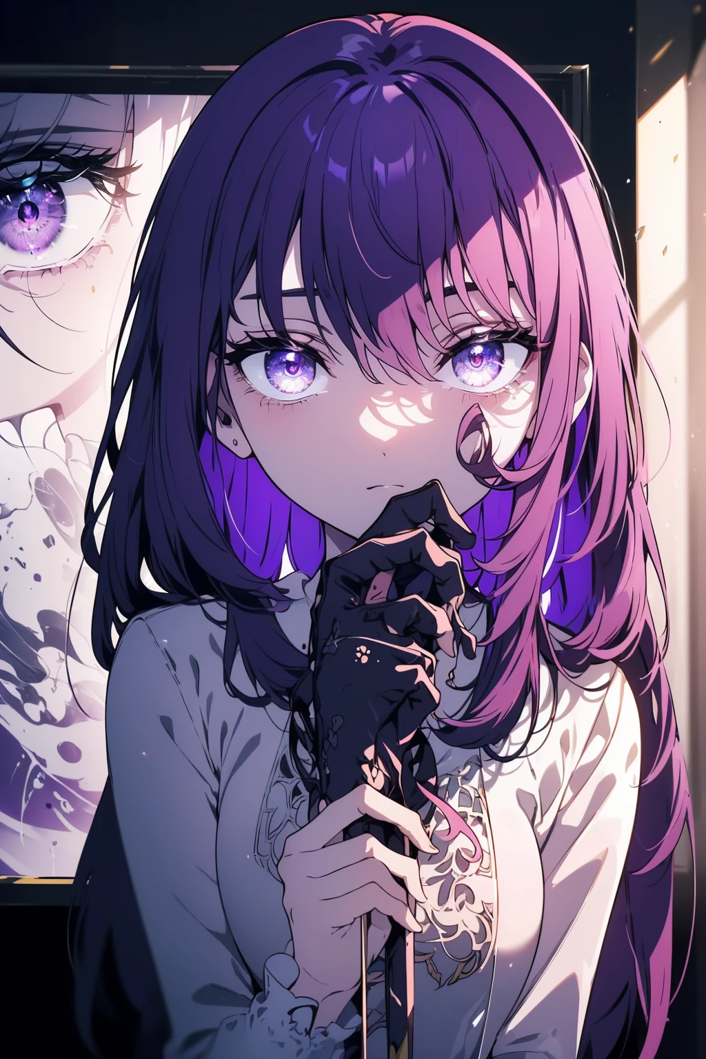 (Obra maestra, La mejor calidad, ultrahigh resolution), 1girl, standing, creative studio background, white blouse with paint splatters, colorful skirt, ((violet, violet hair:0.7), long wavy hair, fair skin, ((violet eyes)), glowing_eyes, neon eyes, (ultra detailed eyes, beautiful and detailed face, detailed eyes), ((centered)), cheerful expression, ((wide shot)), facing viewer, eye level, (blurry background, artistic studio, indoors), slender build, looking at viewer, ((bright eyes)), ((perfect hands)), (((head, arms, hips, elbows, in view))), ((holding a paintbrush)), energetic posture, beautiful lighting, defined subject, 25 years old,
