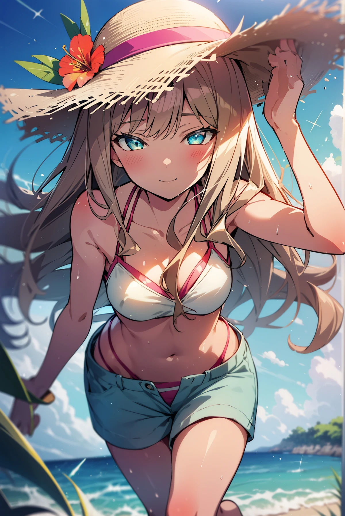 Tropical Dream Bud,Tropical Dream Bud sss Dynazenon ,Brown Hair,Long Hair,Green Eyes,Big straw hat,smile,blush,Hibiscus hair accessory,Blue bikini swimsuit,barefoot,ビーチのSandy Beachを散歩しながら,Sky blue hair fluttering in the wind,(Cowboy Shot:1. 5)
Take a break outdoors, Sandy Beach,Seaside, (masterpiece:1.2), Highest quality, High resolution, unity 8k wallpaper, (shape:0.8), (Narrow and beautiful eyes:1.6), Highly detailed face, Perfect lighting, Highly detailed CG, (Perfect hands, Perfect Anatomy),