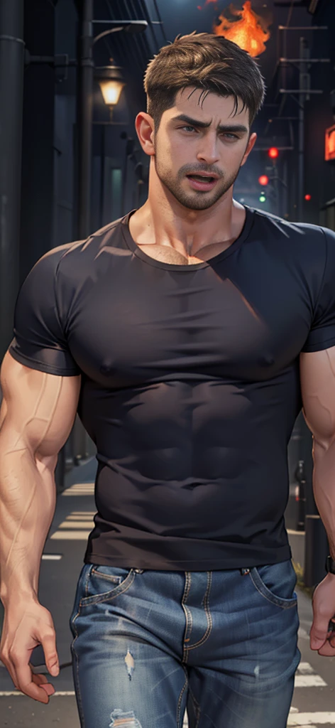 (Create a masterpiece: 1.2),(CGI art:1.3),(realistic:1.5),(After processing:1.3),(Sharp focus:1.3),1 man , straight, front ,Chris Redfield , (round neck T-shirt:1.2) ,Wear color navy round neck T-shirt with a police badge: 1.4), Navy blue jeans, Korean guy , korean men, (High gloss details), chest muscles, large arm muscles, blood vessel, Big muscles, Broad shoulders, looking at the audience, Balancing the eyes, middle of the road ,dark black gloomy hallway in the background, detailed face, shadow, volumetric lighting ,(open mouth:1.6) ,(Fire blazes behind), (run to camara)