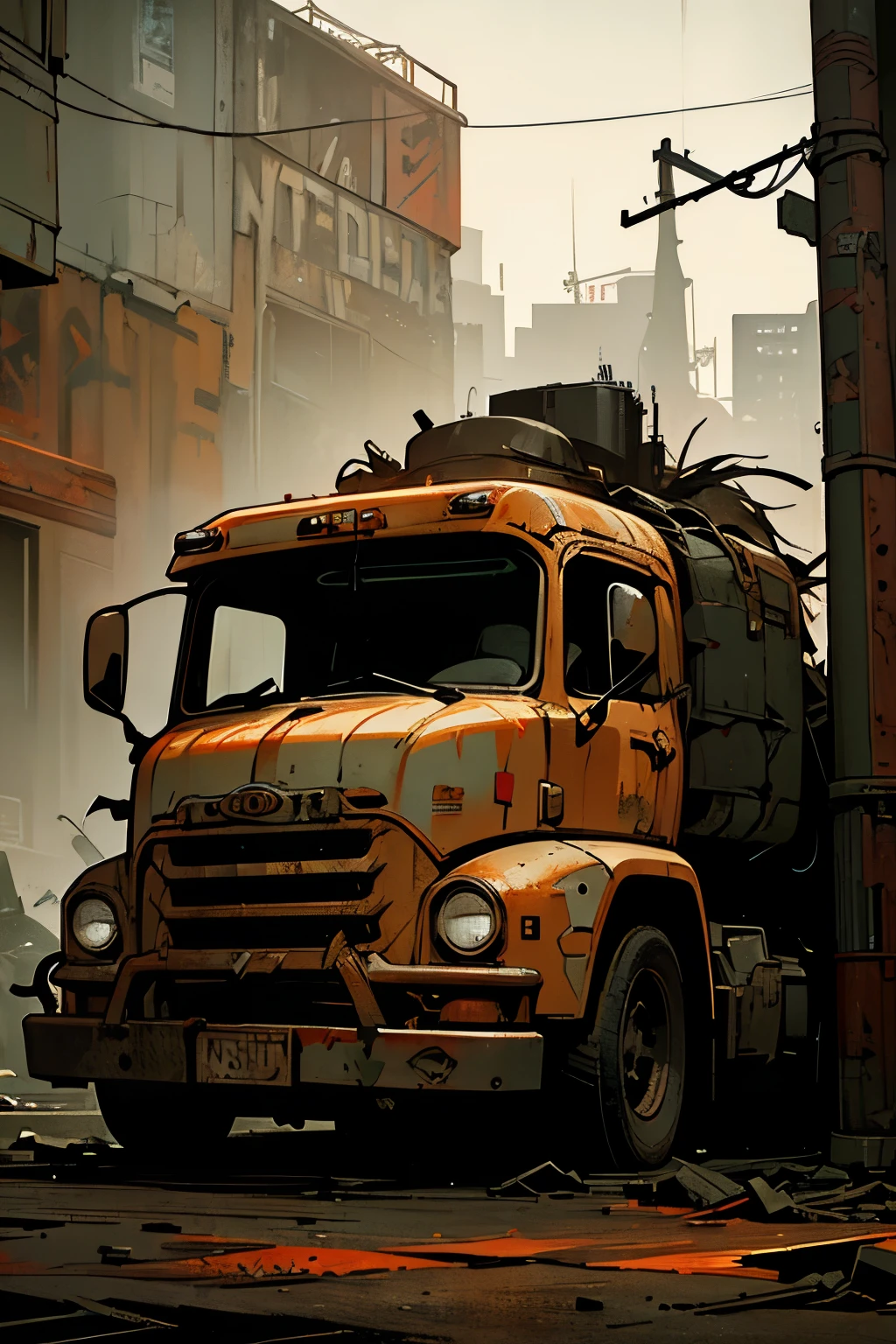 a rugged post-apocalyptic truck driver, a dilapidated old truck, gritty urban setting, vibrant neon lights, dystopian cyberpunk atmosphere, highly detailed, cinematic, dramatic lighting, grunge textures, weathered and worn surfaces, sense of isolation and loneliness, depth of field, rich color palette, moody and atmospheric