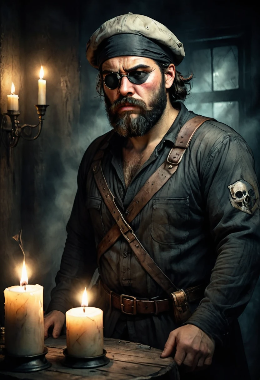 ((an anxious man with an eye patch:1.4)), bearded and rugged face, wearing a hat, holding a candle, in a dark room, dramatic lighting, film composition, digital painting, film lighting, muted color palette, moody atmosphere, HD,8k.