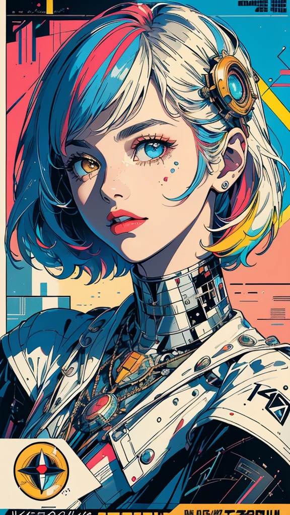 (((masterpiece, highest quality))),(((solo:1.2))),(((1girl:1.2))),32k wallpaper, very detailed, poster, vintage science fiction, 1960s,(((((geometric cinematic movie poster))))), (bauhaus), shape,(((abstract))), mid century modern, movie poster, vintage, Perfect Lady,1970's, halftone, speech bubble,(((portfolio,Close-up))),(((various angle))),(((bust up))),((highlight)),Vast landscape,((((heterochromia)))),(((complete. detailed face))),(((Extremely talented))),(((most complecated machine))),((((Overall colorfully))))