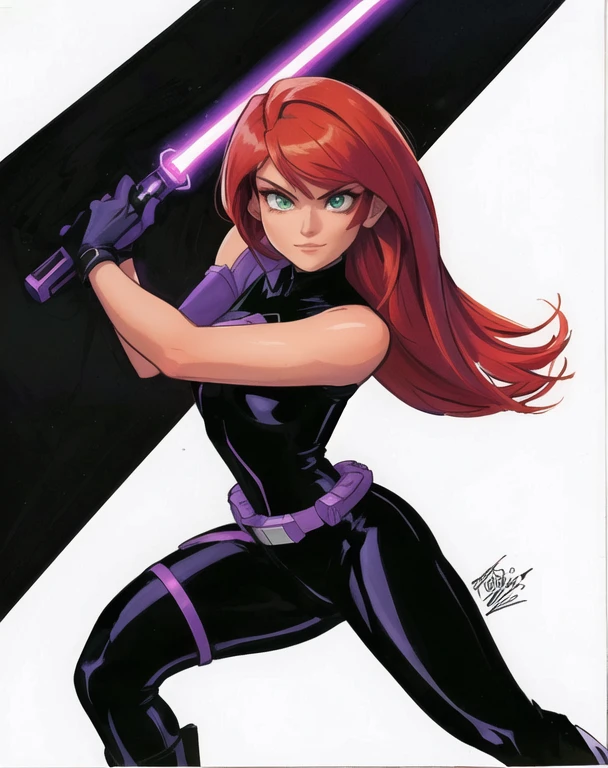 (best quality,8k:1.2,high resolution:1.2), (best quality:1.3), (4K quality),masterpiece, best quality, high res, detailed, (Detailed face:1.2), (Detailed eyes:1.2), (Perfect figure:1.2), CARTOON, ANIME, CARTOON ARTSTYLE, ultra-detailed, vintage science fiction, Star Wars based setting, extremely detailed face, long eyelashes, a upper body shot of a woman (Mara Jade), long orange hair, bright green eyes, a determined look, smirking and stoic gaze. She's wearing a tight shiny black leather suit, tan cape, gloves, silver utility belt and high-heel boots. Her gaze is both alluring and fierce, as she holds the purple lightsaber with a delicate yet deadly grip. Mara Jade is in a fighting position with the purple lightsaber. Background: Outer Space, cosmic clouds, Chain of fractal nebulae, cosmic, Celestial, cosmic, A vibrant and vivid entity, whirly, Spinning, unreal, High contrast, Symbolism, magical, mystic, mystic, Hyper-realistic, Supersaturation, Colorful.