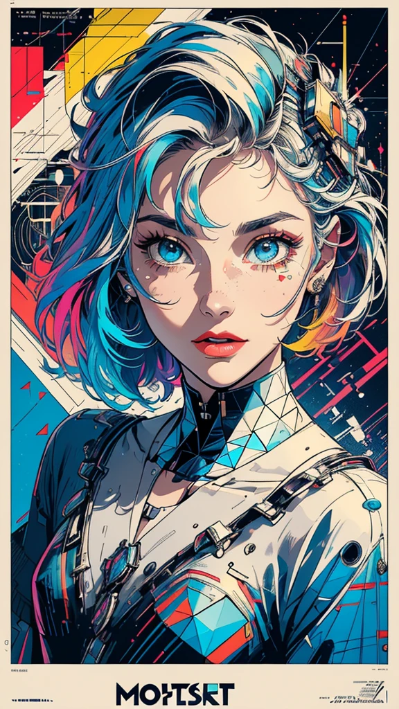 (((masterpiece, highest quality))),(((solo:1.2))),(((1girl:1.2))),32k wallpaper, very detailed, poster, vintage science fiction, 1960s,(((((geometric cinematic movie poster))))), (bauhaus), shape,(((abstract))), mid century modern, movie poster, vintage, Perfect Lady,1970's, halftone, speech bubble,(((portfolio,Close-up))),(((various angle))),(((bust up))),((highlight)),Vast landscape,((((heterochromia)))),(((complete. detailed face))),(((Extremely talented))),(((most complecated machine))),((((Overall colorfully))))