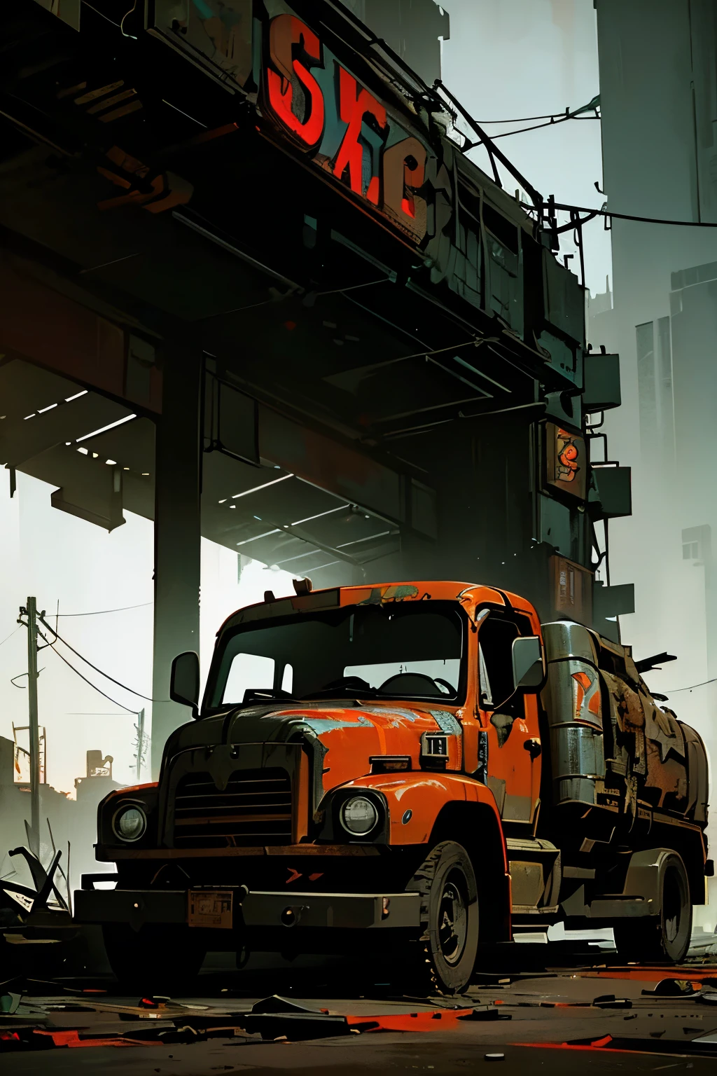 a rugged post-apocalyptic truck driver, a dilapidated old truck, gritty urban setting, vibrant neon lights, dystopian cyberpunk atmosphere, highly detailed, cinematic, dramatic lighting, grunge textures, weathered and worn surfaces, sense of isolation and loneliness, depth of field, rich color palette, moody and atmospheric
