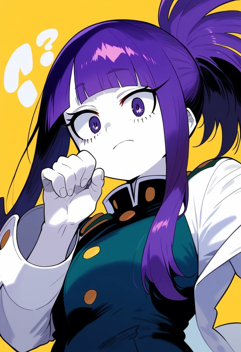 Style of my hero academy with the UA uniform - A girl with long straight dark purple hair and cute bangs with very pale white skin and purple eyes with very long eyelashes with a confused expression and a happy style. my hero academia