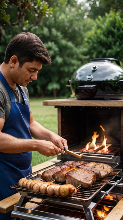 Realistic UHD photography, Father's Day, dad cooking roast meat on barbecue, preparing roast meat in small pieces. Accompanied by his family