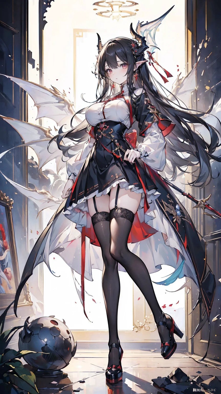 (masterpiece, top quality, best quality, official art, beautiful and aesthetic:1.3), (8k, best quality, masterpiece:1.2),(full body:1.3) (large breasts:1.2), long hair, black thighhighs, high heel, (microskirt:1.1), garter belt, dragon's horn,dragon's wing,