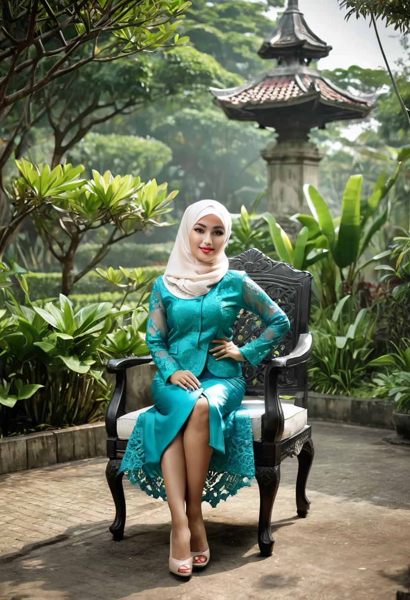 Photo Realism, masterpiece, high quality,Indonesian women ,wearing kebaya ,hijab,full-body shot,mini skirt,sexy pose, sitting at chair garden,
