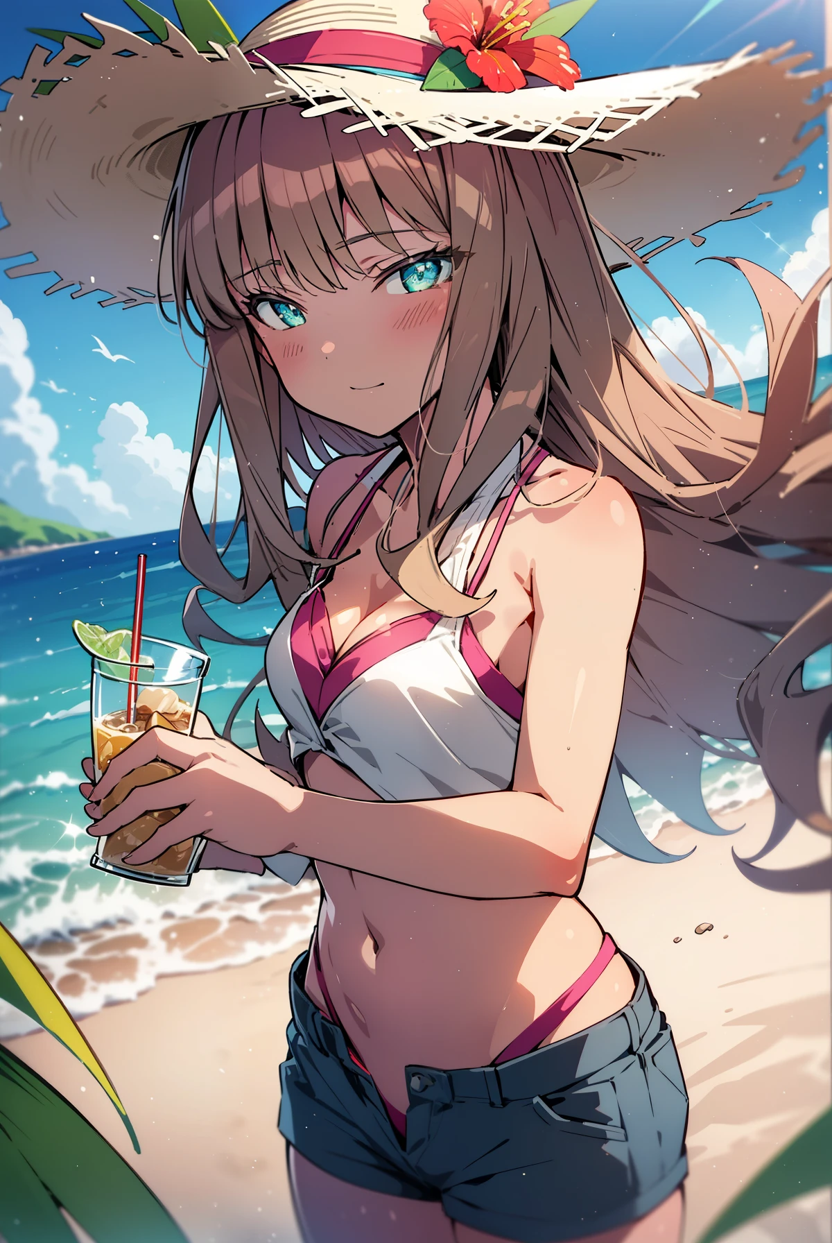Tropical Dream Bud,Tropical Dream Bud sss Dynazenon ,Brown Hair,Long Hair,Green Eyes,Big straw hat,smile,blush,Hibiscus hair accessory,Blue bikini swimsuit,barefoot,ビーチのSandy Beachを散歩しながら,Sky blue hair fluttering in the wind,(Cowboy Shot:1. 5)
Take a break outdoors, Sandy Beach,Seaside, (masterpiece:1.2), Highest quality, High resolution, unity 8k wallpaper, (shape:0.8), (Narrow and beautiful eyes:1.6), Highly detailed face, Perfect lighting, Highly detailed CG, (Perfect hands, Perfect Anatomy),