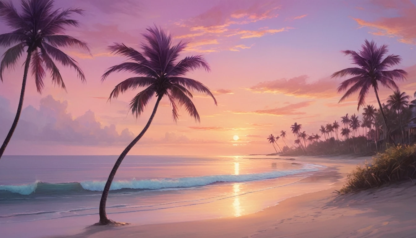 Create an image of a serene coastal scene at sunset. Picture tall, slender palm trees swaying gently in the breeze, set against a backdrop of a beautiful beach. The sky is painted in soft hues of pink, purple, and orange, reflecting the calmness of the approaching evening. A few wispy clouds add texture to the sky, while the ocean in the background captures the last glimmers of sunlight. The overall mood should evoke a sense of tranquility and the beauty of a tropical sunset.