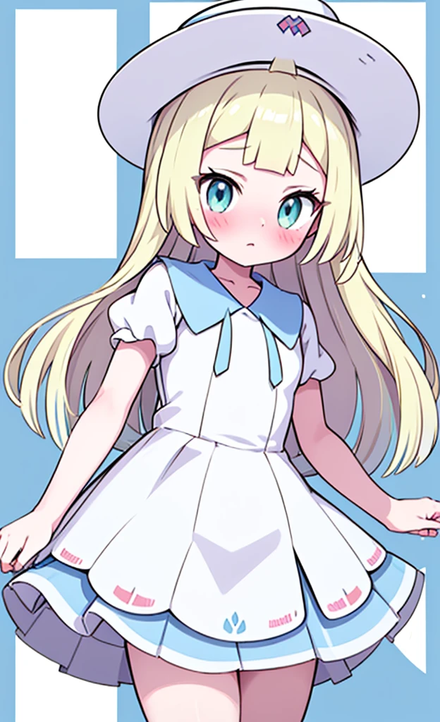 masterpiece,best quality,1 girl,solo,blush with embarrassment,Lillie,Pokémon,White Pleated Dresses,White clothes with light blue collar,Pokémon風の画風,(boldline:1.6),(deluster:1.5),(flat:1.5),White wide-brimmed hat with light blue ribbon, ,, body,Oversized clothing