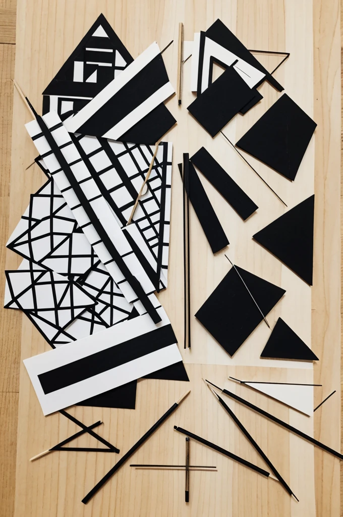 Make an image with the following materials 3 dowel sticks 3 images with black and white geometric shapes Thread