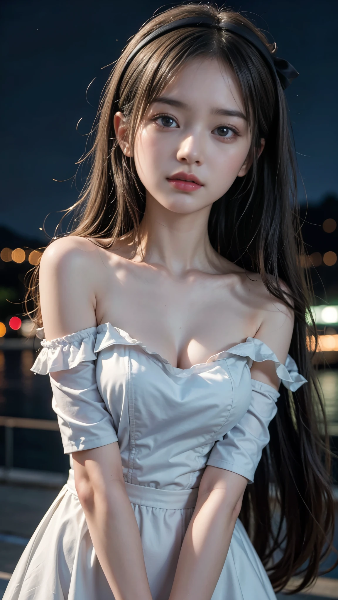 (Highest quality, masterpiece:1.2, Ultra-high resolution), (Reality: 1.4), Original photo, Japanese, One girl, Beautiful breasts, Baby Face, Beautiful Skin, ((Off the shoulder, dress)), Cinema Lighting, Ultra-detailed, night, trip, Stylish, Female Sniper, Hunter x Hunter, Ability to read