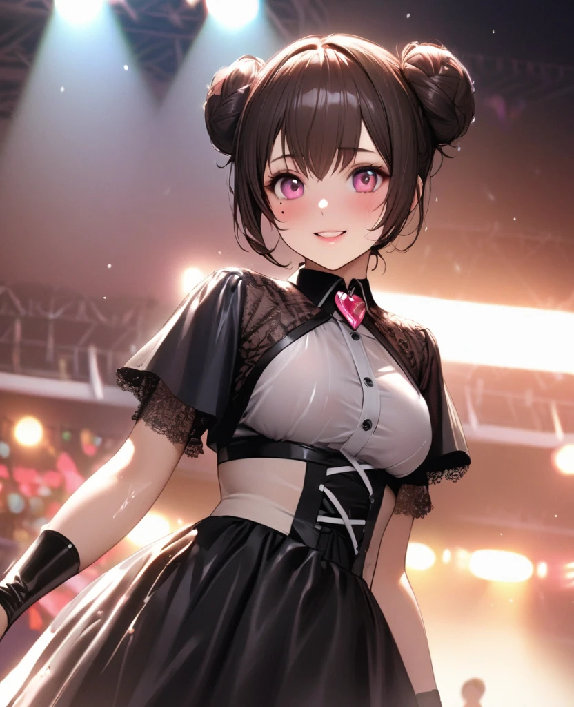 One Girl、Looking at the audience、
Beautiful pink eyes、black hair bun、,Mole under the eye、Plump and glossy lips、Heart-shaped choca、Idol、Her name is Rico,smile、ー、。.。.。.。.。.。.。.。.。.。.。.。.。.。.。.。.。.。.3D、Realistic、
Idol衣装、Short skirt,Drape clothes、gem、The decoration has been removed、Floral、Lace trim,On a glittering stage、
masterpiece、highest quality、8k、Detailed skin texture、Detailed cloth texture、Beautifully detailed face、Intricate details、Very detailed、
超A high resolution、8k Ultra HD、Film Grain、Best Shadow、delicate、Gazing at the audience、front