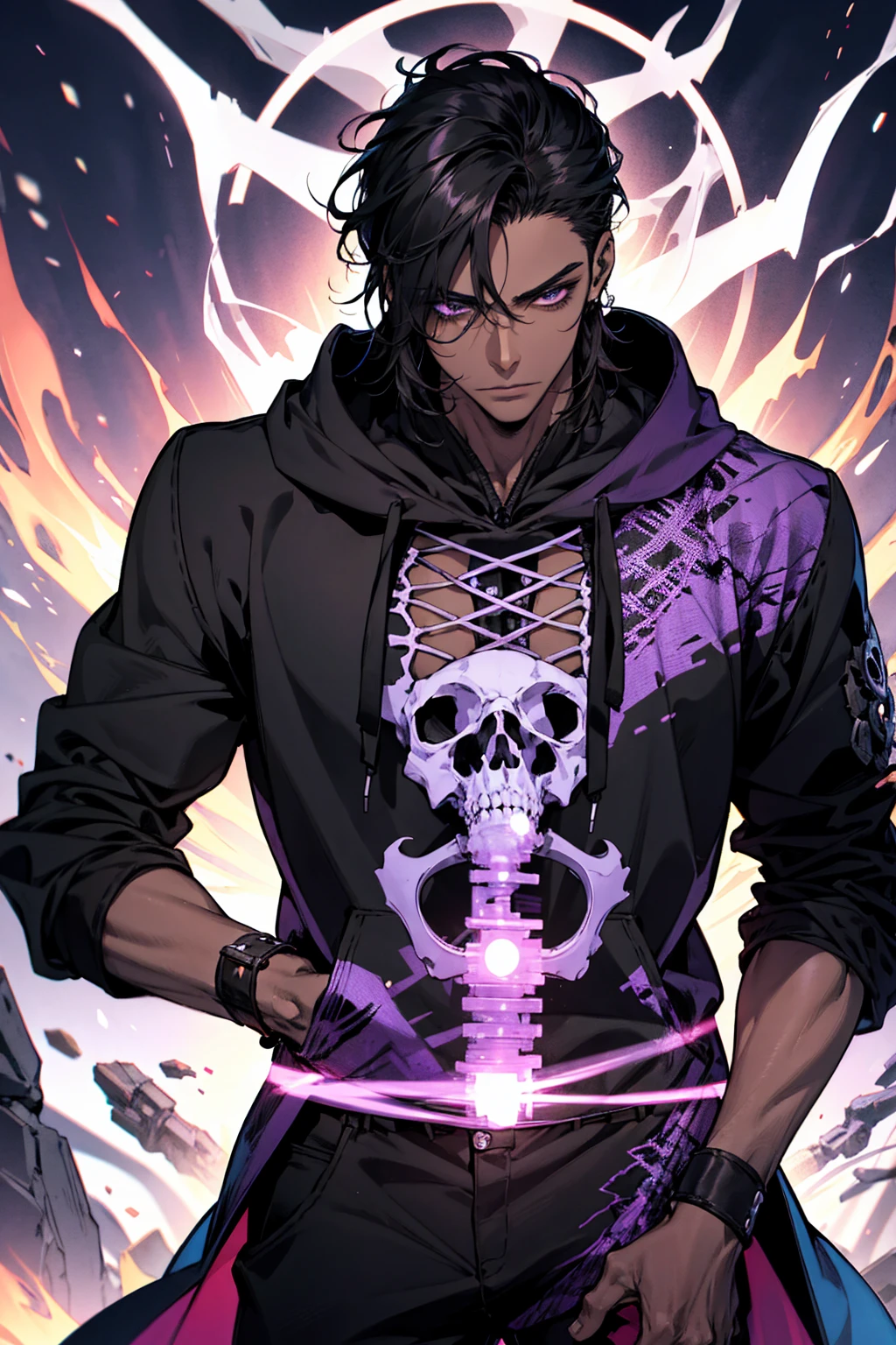 male with bones, looking away from camera, skulls, bones, handsome, black, dark skin, tall, broad shoulders, black hair, purple, purple fire, magic, detailed face, fantasy, hoodie