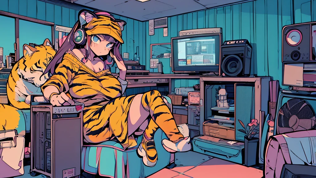 Best quality, (masterpiece:1.2), best detail face,1 girl, big breasts, 18 yo, 8k,absurdres,unity 8k wall paper,(extremely detailed:1.3), highest realistic, (retro headphones:1.1), (soft neon light:1.1), Her room full of music equipment and plants, Leaning back on the chair with a casual attitude, clothing in summer, ((A realistic tiger mascot in the room)), natural color palette