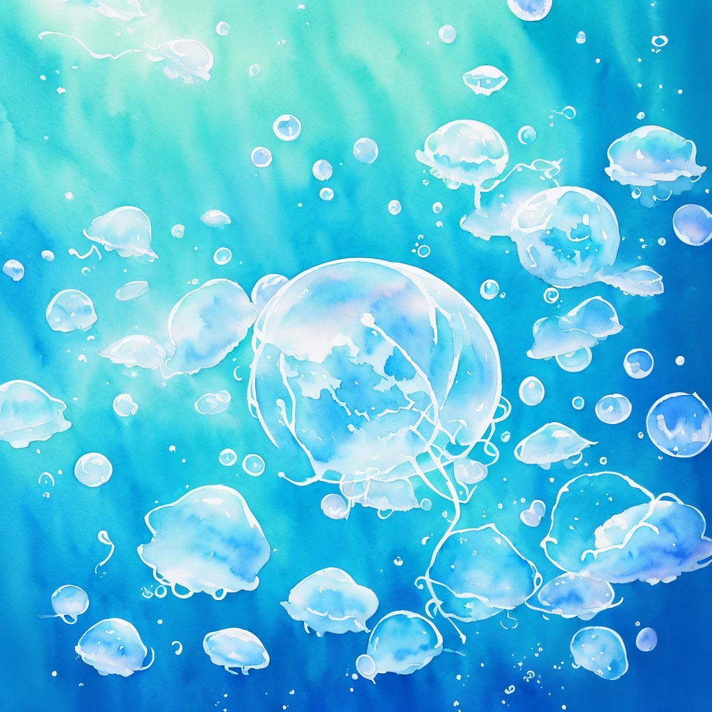 ((watercolor (medium))), (no human:2.0), white background, fairy, puffy short sleeves, fantasy, flower, sketch, monochrome, clock tower, masterpiece:1.8, highest quality , super fine illustration,best shadow,
professional lighting,reflected light,Super beautiful, soft light,trace of light,((blue tones:1.3)), floor, Underwater,(see-through ), coral, Big jellyfish, Sparkling,Fluffy, fantastic,soap bubbles,Bubble,Lots of jellyfish,