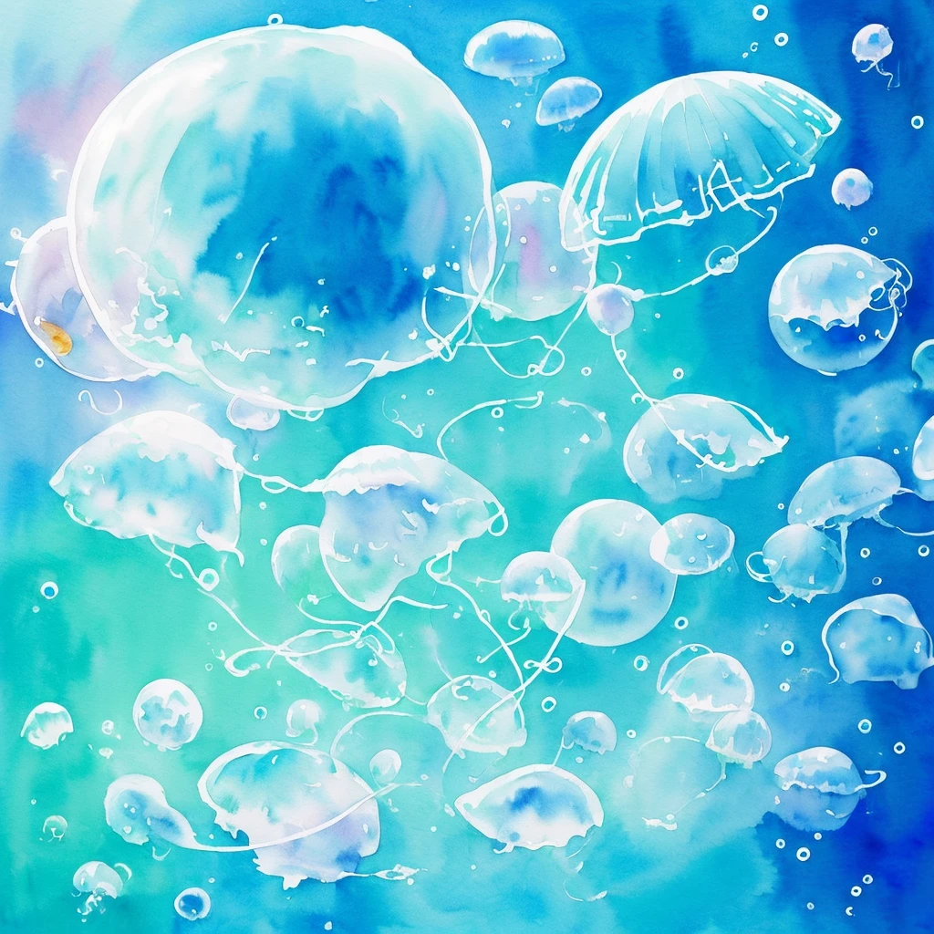 ((watercolor (medium))), (no human:2.0), white background, fairy, puffy short sleeves, fantasy, flower, sketch, monochrome, clock tower, masterpiece:1.8, highest quality , super fine illustration,best shadow,
professional lighting,reflected light,Super beautiful, soft light,trace of light,((blue tones:1.3)), floor, Underwater,(see-through ), coral, Big jellyfish, Sparkling,Fluffy, fantastic,soap bubbles,Bubble,Lots of jellyfish,