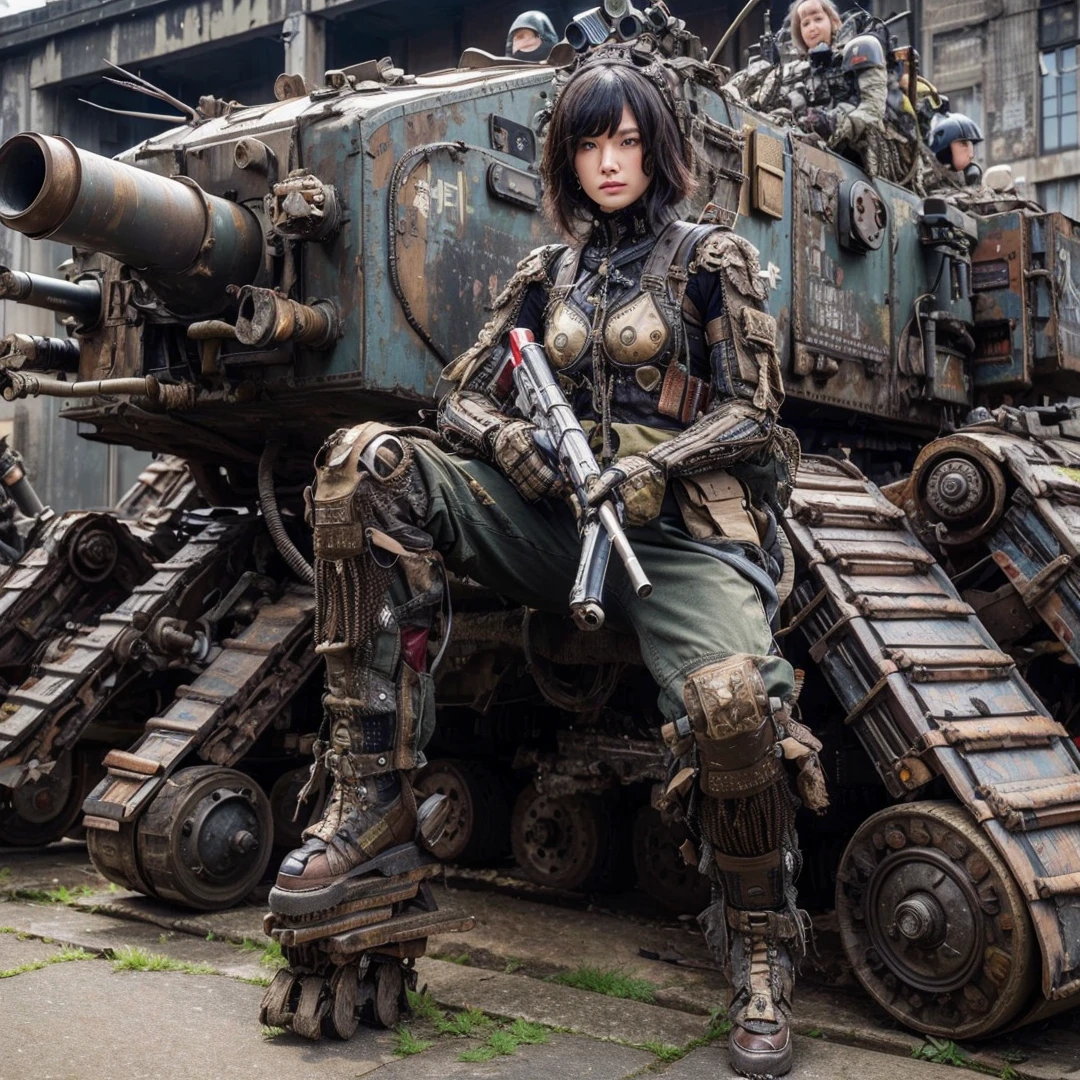 (masterpiece, best quality:1.2), (8k uhd, 16k, 32k, ultra high res), Steampunk, fictional WWII former Japanese Imperial Army armored car and cyborg Japanese female soldier, beautiful face, torn pants, dirty clothes, very intricate details, olive drab paint, peeling paint, weathering, fortress attack, realistic photo, taken with Fuji film X-T30+Nokton. HDR10