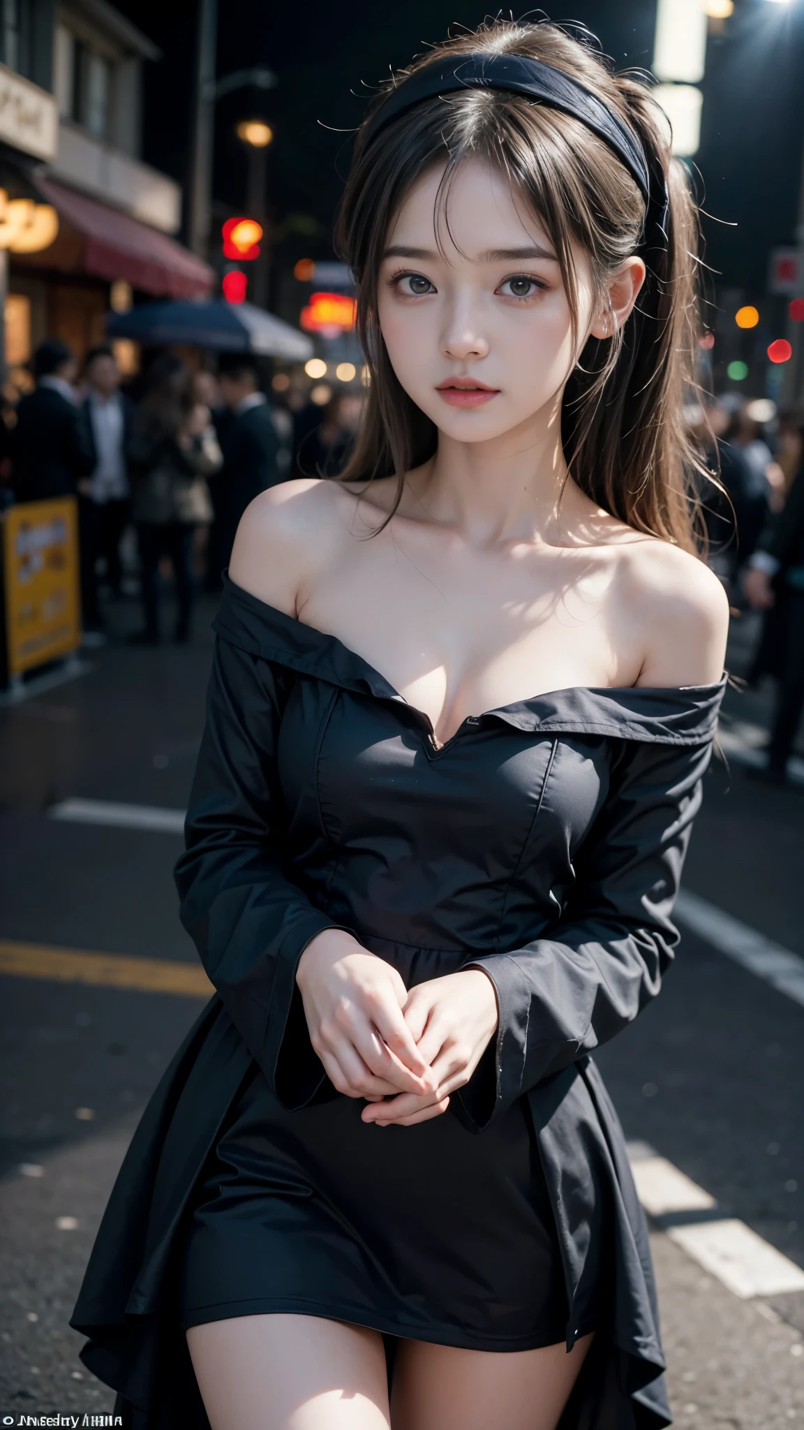 (Highest quality, masterpiece:1.2, Ultra-high resolution), (Reality: 1.4), Original photo, Japanese, One girl, Beautiful breasts, , Beautiful Skin, ((Off the shoulder, dress)), Cinema Lighting, Ultra-detailed, night, trip, Stylish, Female Sniper, Hunter x Hunter, Ability to read