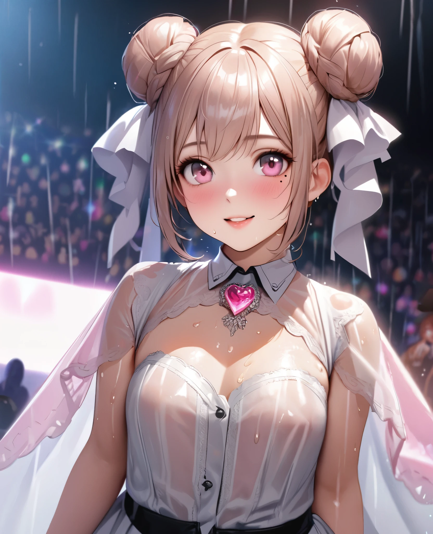 One Girl、Looking at the audience、lovely,
Beautiful pink eyes、Two brown double hair buns , Mole under the eye、Plump and glossy lips、Heart-shaped choca、Idol、Her name is May,smile、ー、。.。.。.。.。.。.。.。.。.。.。.。.。.。.。.。.。.。.3D、Realistic、
The idol's costume was soaked in the heavy rain, and her chest was wet and transparent.Heavy rain at outdoor concert, Drape clothes、gem、The decoration has been removed、Floral、Lace trim,On a glittering stage、
masterpiece、highest quality、8k、Detailed skin texture、Detailed cloth texture、Beautifully detailed face、Intricate details、Very detailed、
超A high resolution、8k Ultra HD、Film Grain、Best Shadow、delicate、Gazing at the audience、front