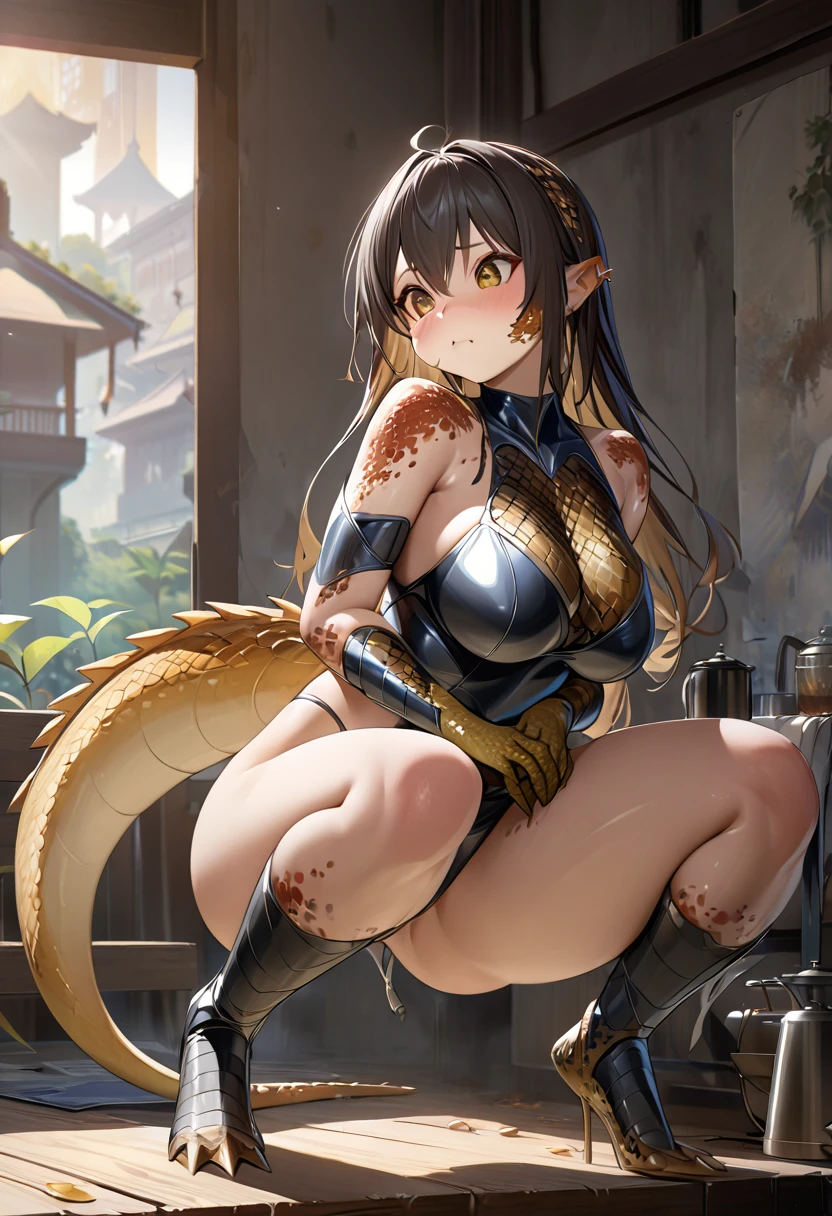 ((Highest quality、unity 8k wallpaper、32K、masterpiece、Very detailed、Ultra-high resolution、Ultra-high resolution、 Very detailedな顔, RAW Photos, Professional, Ultra-fine painting, Fine metal texture, Genuine)) Kotegawa Yui morphing into lizardwomen, Long tail、Scales on cheeks