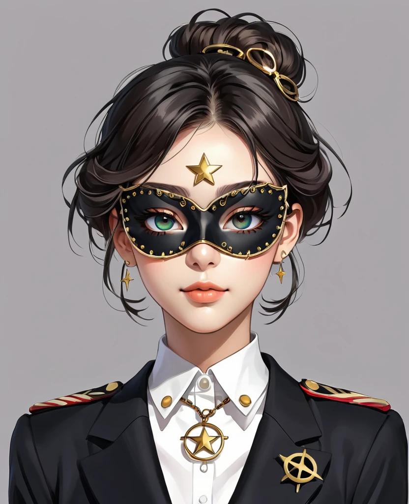 (Digital Illustration,Detailed anime style portrait of a girl wearing eye mask,Solitary,symmetry),(Big colorful eyes,Fashionable and exquisite facial features,Exquisite makeup,Sweet smile,Star symbol mark on cheek,Soulful gaze,),(Fluffy bun,Hairpin),(Black suit,Epaulettes-Chain,cool,),Clean and simple white background,(((Correct human anatomy)))