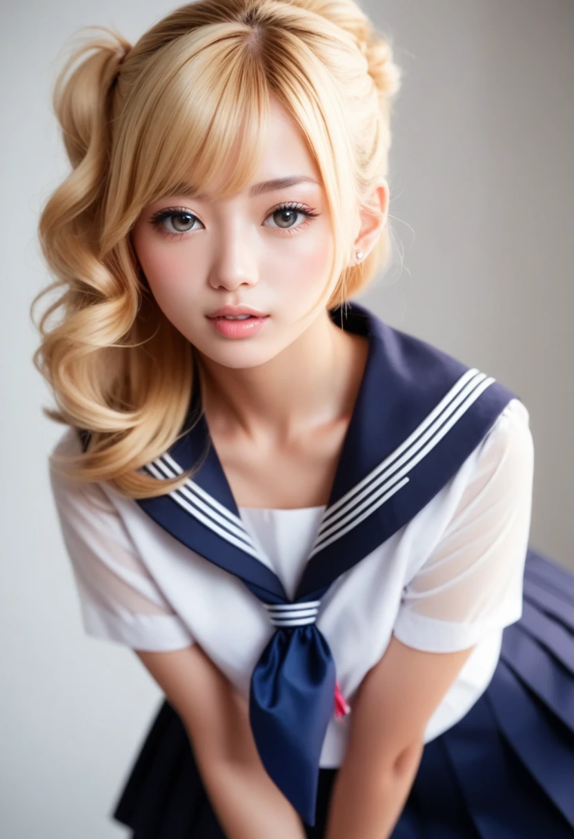 score_9, score_8_up, score_7_up, (best quality, realistic), Highest quality, Beautiful model woman, Japanese, cute, Detailed face, Idol, Blonde, Rolled twin tail hair, Japan in a sailor suit, Mini Pleated Skirt, Beautiful face, Beautiful eyes