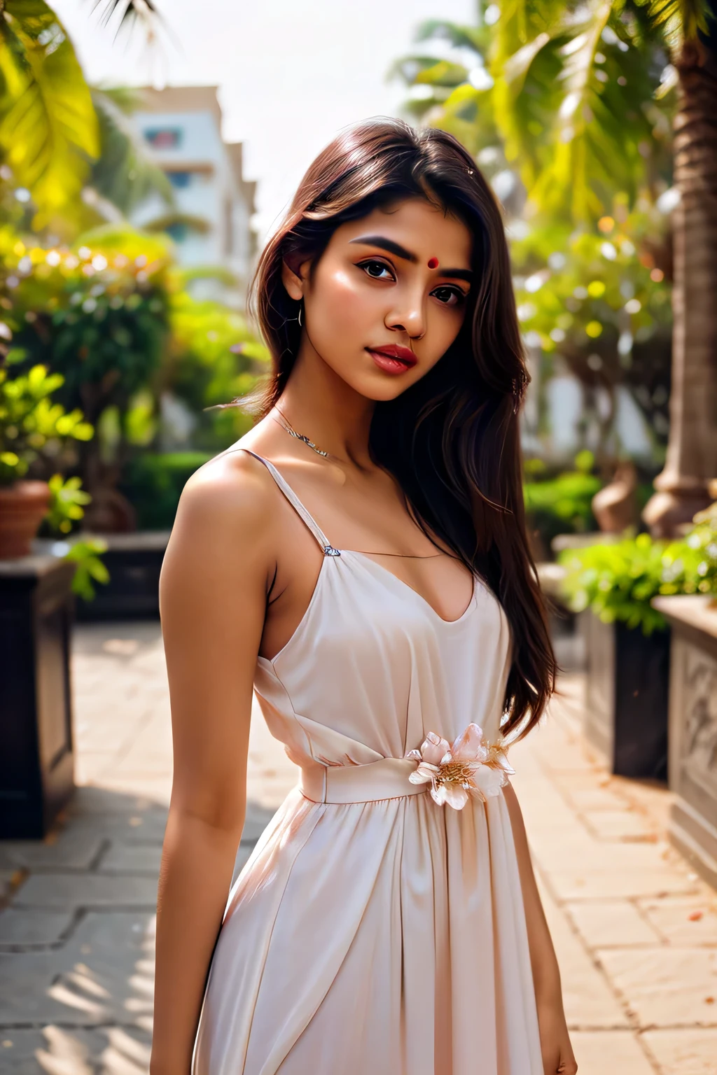 cinematic photo of a brunette fashion model wearing a magical lilal flower petal-made dress. She is malayali girl from india, white skin brown hazel eyes 24 years old. 