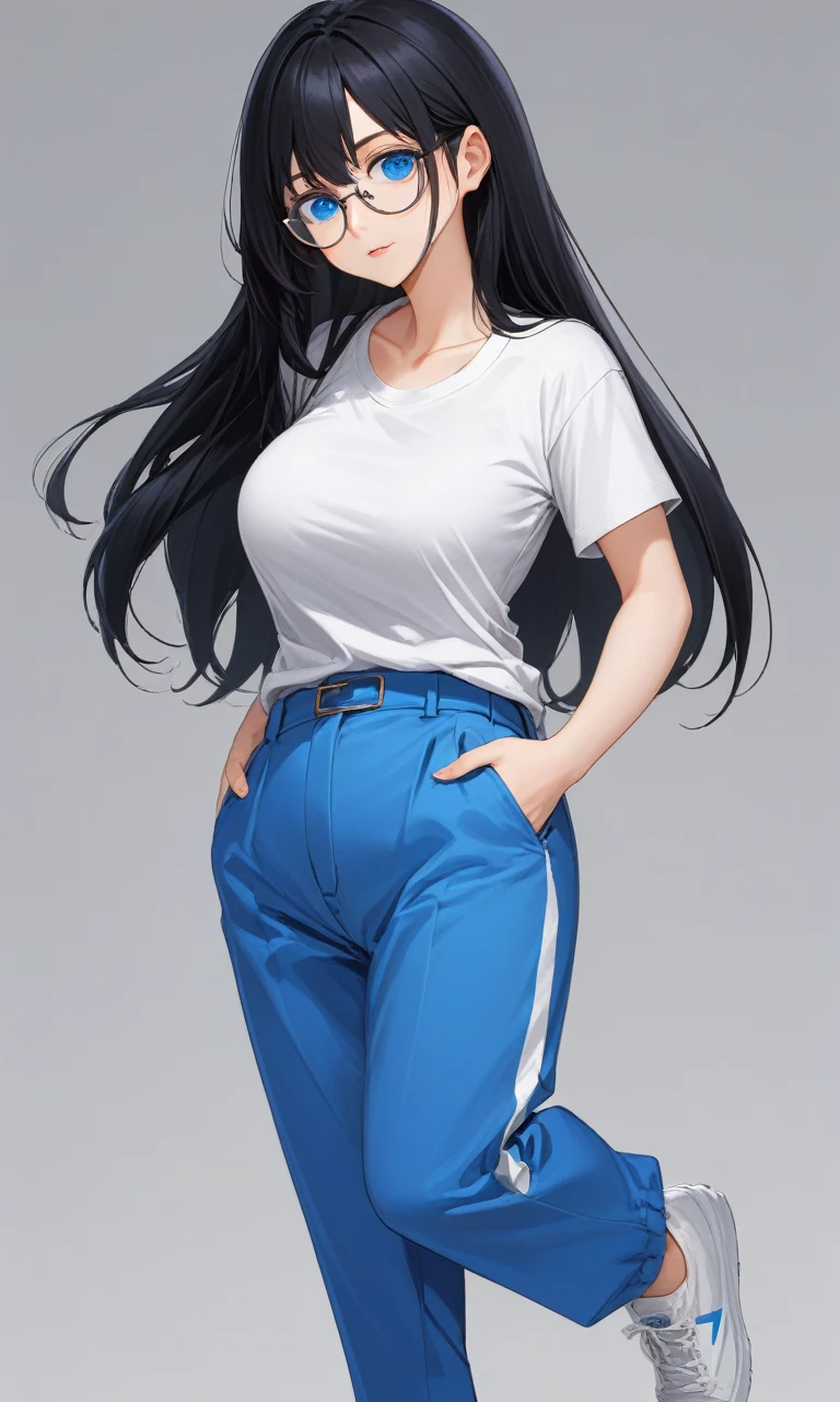 Black Hair、Long Hair、Glasses、Slanted Eyes、Big Breasts、blue eyes、Ｔshirt、pants、high resolution