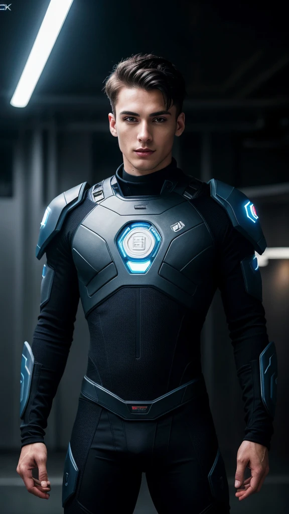 How to make a handsome man in his 20s The world in 2100、Cyberpunk room background、Dressed in a cyberpunk robot suit、Blue Eyes,Black short hair、Shave cleanly,Attractive and serious look,Stylish and elegant,Strong body((Highest quality, 8k, masterpiece), Ultra HD Photos, (Beautiful face details, Skin texture details, Ultra-detailed body:1.1)、Looking at us from the front