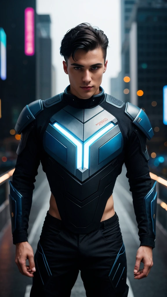 How to make a handsome man in his 20s The world in 2100、Cyberpunk room background、Dressed in a cyberpunk robot suit、Blue Eyes,Black short hair、Shave cleanly,Attractive and serious look,Stylish and elegant,Strong body((Highest quality, 8k, masterpiece), Ultra HD Photos, (Beautiful face details, Skin texture details, Ultra-detailed body:1.1)、Looking at us from the front