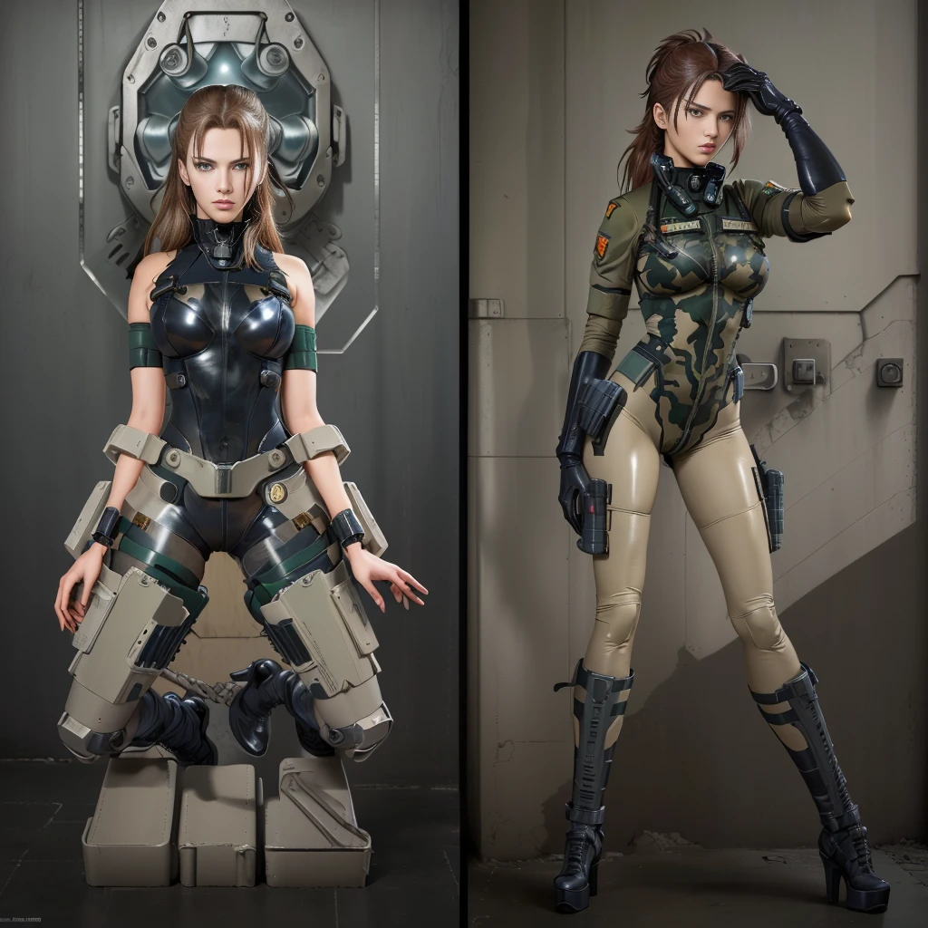 there are two pictures of a woman in a uniform and a man in a suit, metal gear solid art style, metal gear solid style, metal gear solid inspired, inspired by Masamune Shirow, metal gear solid anime cyberpunk, video game fanart, from metal gear, metal gear style, commission for high res, cyberpunk women, metal gear solid concept art