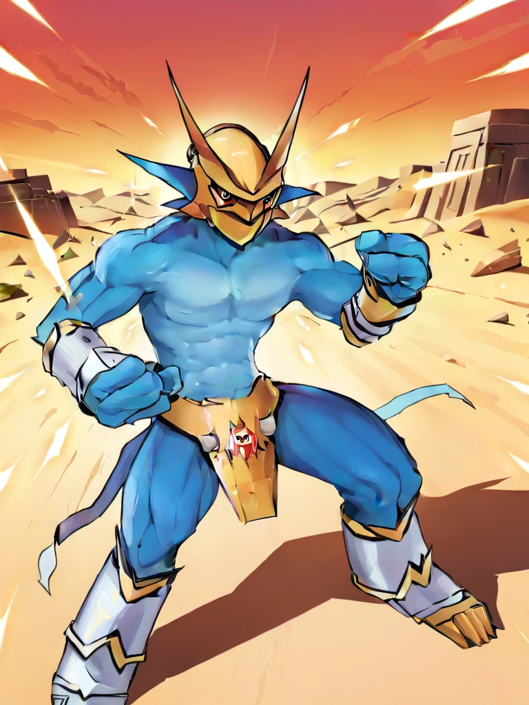 solo,angry Magnamon,tall, musclar,blue and white skin,(battle damaged:1.5),(topless Magnamon:2),(armor fragments:1.5),(shirtless:1.5), fighting_stance, in desert ,full_shot
